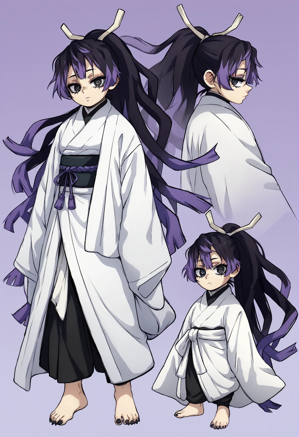 (score_9, score_8_up), score_7_up, zPDXL, FoxDemon, 1girl, black hair, two-tone hair, ponytail, black eyes purple background, young, white kimono, two-tone kimono, looking at viewer, reference sheet, character sheet, kanji, white background, barefoot, claws, black nails, <lora:Fox_Demon_Girl_XL_Pony_SingleShot:1> <lora:GreatM8_Style_XL_Pony_Revision:1.1>, greatm8 style