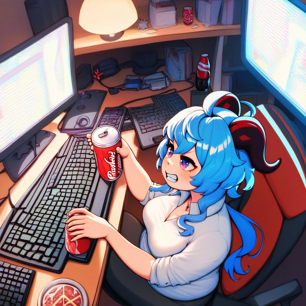 score_9_up,score_8_up,score_7_up,1girl,ganyu \(genshin impact\),food,coca-cola,fat,very fat,type keyboard \(computer\),fat girl, <lora:inori-meme-pony_last:2>,upper body,