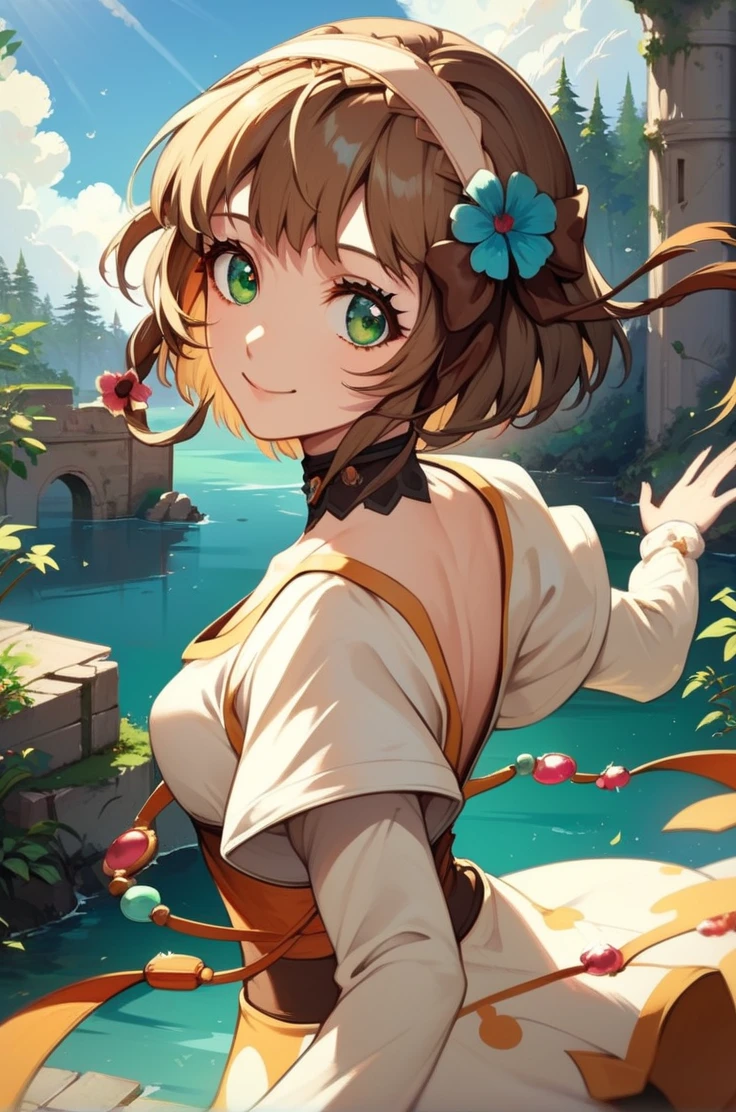 score_9, score_8_up, score_7_up, very aesthetic, source_anime, detailed, high quality, beautiful, masterpiece, detailed eyes,
<lora:lightXL:0.8>
forest, tree, ruins,
cowboy shot, close up, dynamic angle, upper body, light smile,
small breasts,  dynamic pose,
<lora:leia_autismConfetti_v01:0.99>
leia rolando, 1girl, brown hair, green eyes, short hair, hair ornament, brown footwear, bike shorts, choker, hair flower, hair ribbon,, zPDXL