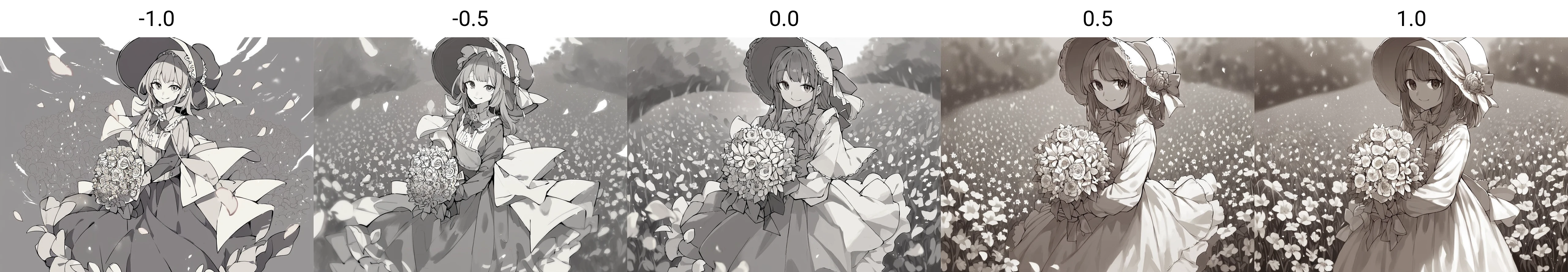 score_9, score_8_up, score_7_up, score_6_up, score_5_up, score_4_up, rating_safe, source_anime, 1girl, solo, long_hair, looking_at_viewer, smile, bangs, skirt, shirt, long_sleeves, hat, dress, bow, holding, closed_mouth, flower, frills, hair_flower, petals, bouquet, holding_flower, center_frills, bonnet, holding_bouquet, flower field, flower field, lineart, monochrome<lora:Pony_DetailV2.0:-1.0>