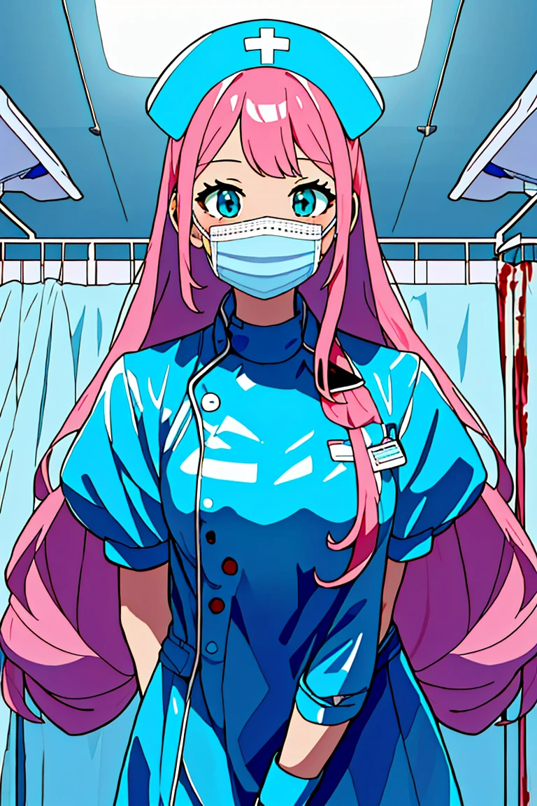 (RAW photo, best quality), (1girl), operating room, overhead surgical light,blurred background, focused,
<lora:Momoka Hanamura_CSC_V1.0:0.8> momoka hanamura, long hair, tsurime,pink hair, aqua eyes,
 <lora:nurse_latex_gown_reach_V1.0:0.8> (nrs_gownltx_reach, looking at viewer, nurse cap, surgical mask, nurse, puffy sleeves, blood on clothes, blue latex clothes,reaching the viewer),