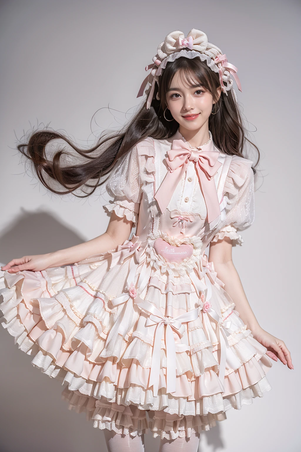 best quality, masterpiece, realistic, photorealistic, 1girl, solo, smile, black hair, long hair, standing, cowboy shot, cyb dress, dress, pink dress, layered dress, frilled dress, short sleeves, ribbon, bowtie, frills, bow, dress bow, heart symbol, hair bow, hair ornament, white pantyhose, pink background, <lora:sweet_attire_style5_v1:0.7>