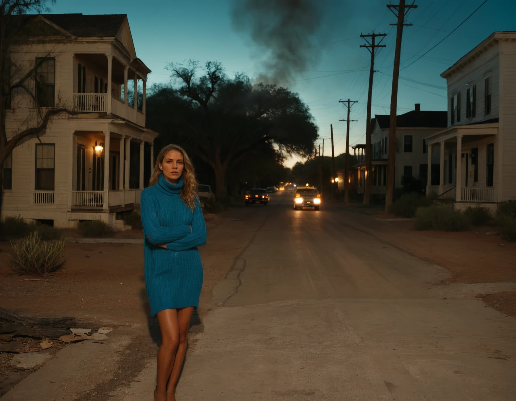a photo of a woman at night, at the middle of a street, wearing a simple dress and a sweater, looking away, (holding a blue sweater on her hands:1.2), in front of an old American two floors wood houses, southern style, Florida countryside, a large tree with leaves covering all the street with dark shadows, (overgrown grass:1.3), Damaged asphalt, (suburbs:1.2), a taxi cab on the background, woman is desolated, smoke lights, desert street, Annie Leibovitz style
<lora:dark-cinematics:.6>
