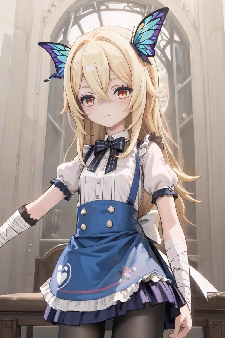 (masterpiece),best quality,portrait,upper_body,1girl,solo,blonde hair,long hair,dress,butterfly hair ornament,bandages,bowtie,striped bow,hair between eyes,puffy sleeves,apron,striped,short sleeves,pantyhose,bandaged arm,alice \(alice in wonderland\),