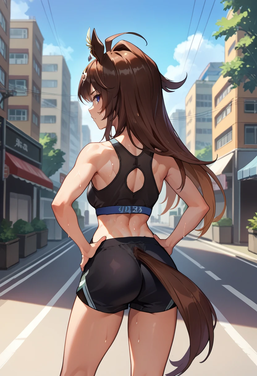 score_9, score_8_up, score_7_up, source_anime, from behind, solo, 1girl, duramente, sweat, expressionless, looking back, hands on own hips, ahoge, animal ears, ear ornament, black sports bra, black shorts, horse tail, outdoors, city street <lora:umamusume_duramente_ponyXL:1>