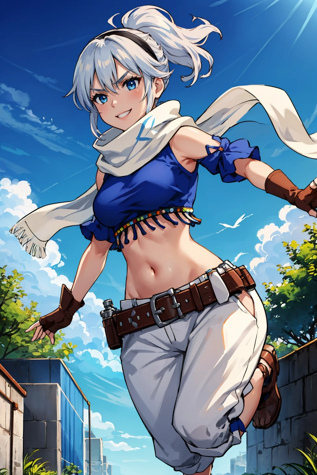 masterpiece, best quality, 1girl,  <lora:adelle-nvwls-v1-000009:0.9> adelle, short ponytail, black hairband, white scarf, blue shirt, midriff, white pants, belt, fingerless gloves, medium breasts, dynamic pose, furrowed brow, smile, running, jumping, blue sky