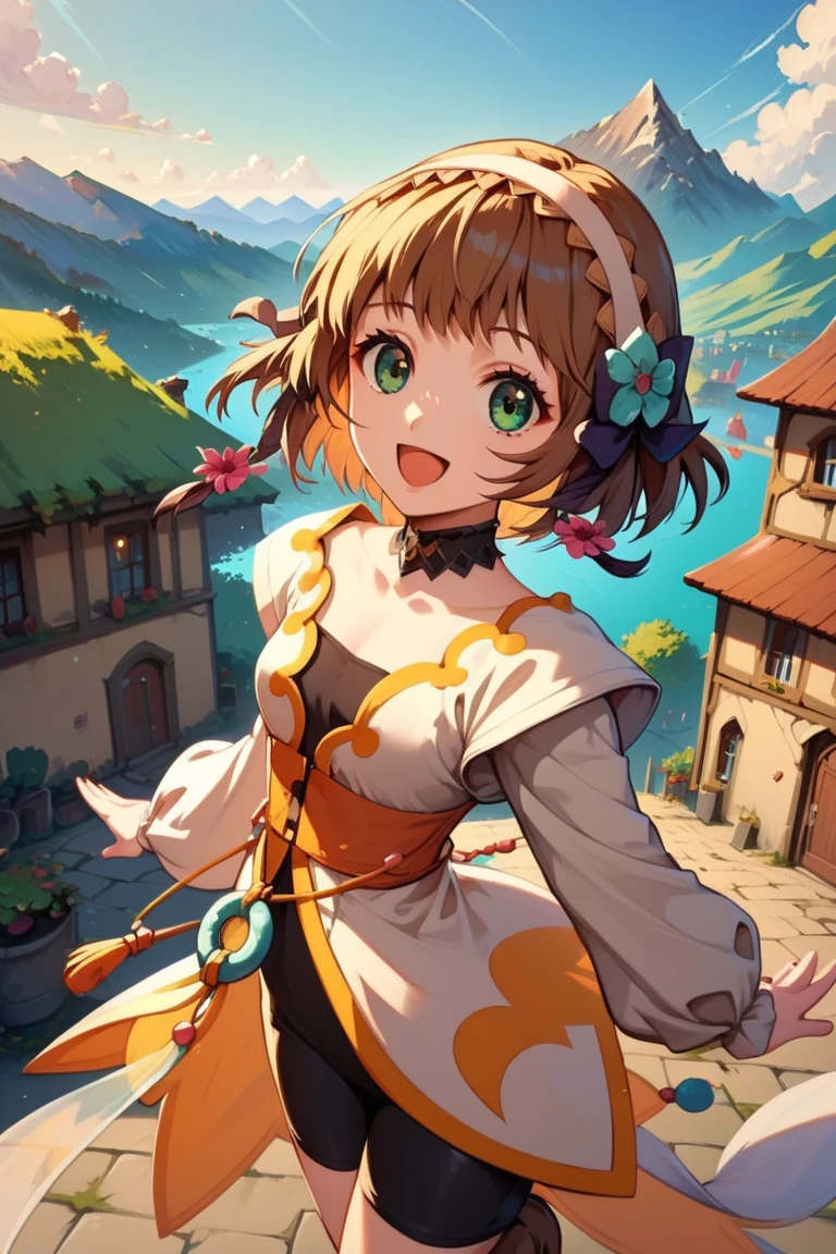 score_9, score_8_up, score_7_up, very aesthetic, source_anime, detailed, high quality, beautiful, masterpiece, detailed eyes,
<lora:lightXL:0.8>
village, mountain in the background, blurry background,
cowboy shot, upper body, dynamic angle,
smile, small breasts, open mouth, dynamic pose,
<lora:leia_autismConfetti_v01:0.99>
leia rolando, 1girl, brown hair, green eyes, short hair, hair ornament, hair flower, hair ribbon,
long sleeves, bike shorts, choker, brown footwear,, zPDXL