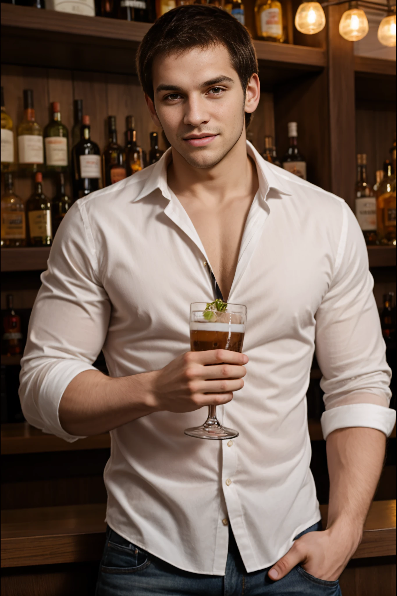 <lora:MaleModel_01:1> handsome, beautiful brown eyes, cute guy, handsome, young man, nice shirt, background: bar, portrait