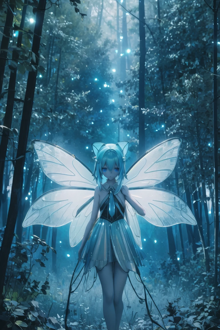 masterpiece,best quality,(cowboy shot:1.3),(blue hair),(blue gradient hair),bare skin,fairy,(transparent fairy wings),blue skin,pixie ears,(in the enchanted forest:1.3),(blue neon trees),(night),(neon fireflies),glowing dust,white particles in the air,