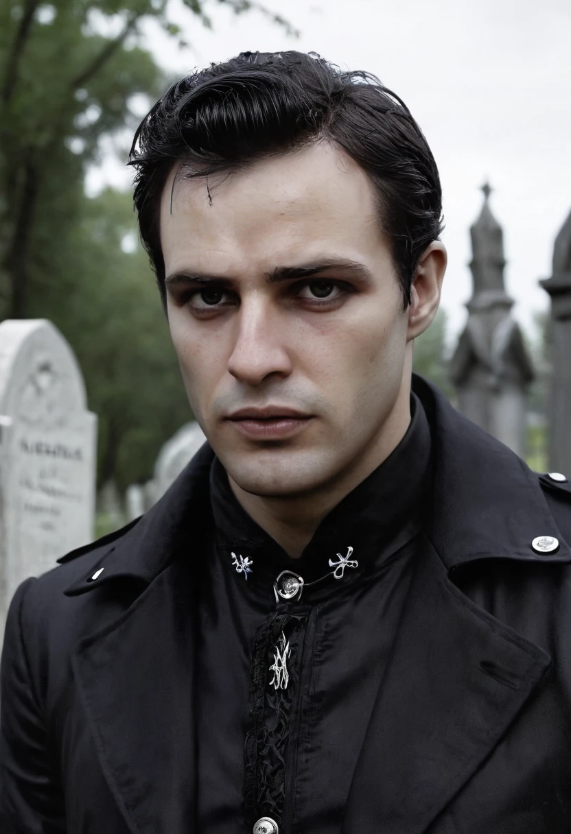 Hyperrealistic art half body photo of a man, wearing a gothic outfit, at a cemetery, emo, looking at viewer, m4r10n,  <lora:Marlon_Brando:.6> . Extremely high-resolution details, photographic, realism pushed to extreme, fine texture, incredibly lifelike