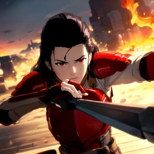 Highest Quality, Highest Resolution, perfect background, perfect perspective, sharp image, perfect details, perfect lighting, perfect shadows, Perfect lighting, Best background, best anime, 1girl, Mei Yin Li, black hair, pale skin, red armor, sexy, fire, cool background, perfect pose, armored gloves,