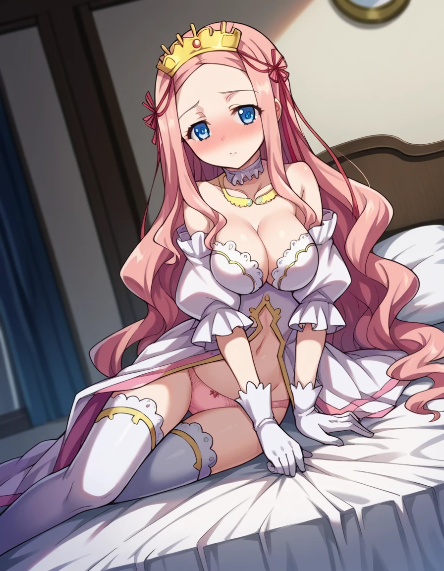 score_9, score_8_up, score_7_up, source_anime,
primfiofire, <lora:prim-fiofire-ponyxl-lora-nochekaiser:1>,
prim fiofire, long hair, blue eyes, very long hair, pink hair,
thighhighs, gloves, dress, ribbon, navel, cleavage, underwear, panties, hair ribbon, choker, white gloves, crown, pink panties,
indoors, bed, bed room, on side, blush, drunk,
looking at viewer, dutch angle, cowboy shot,