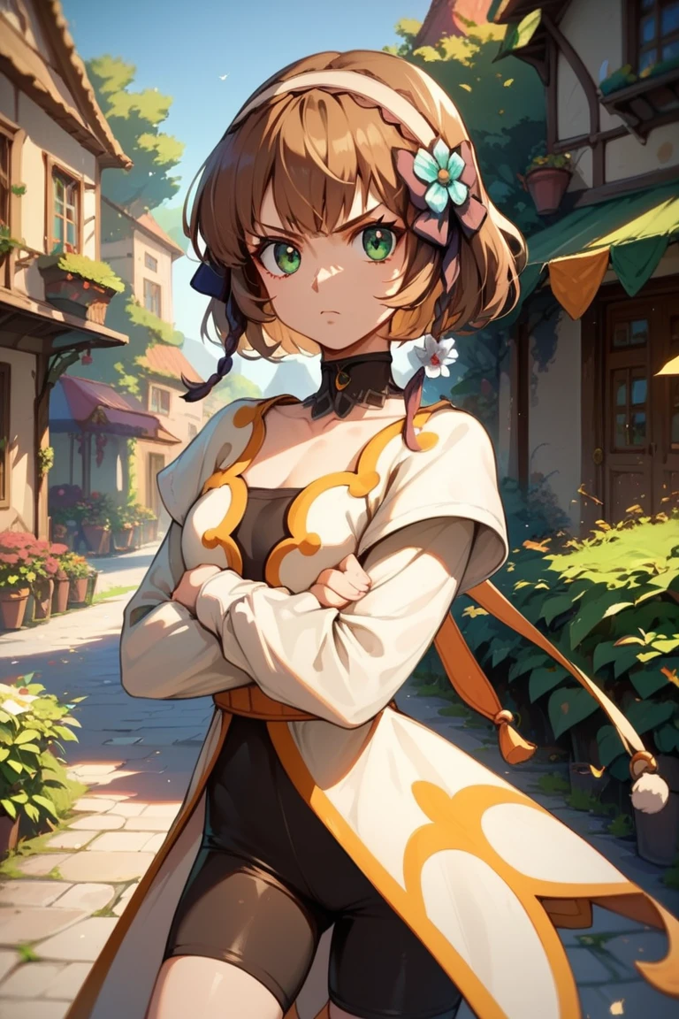 score_9, score_8_up, score_7_up, very aesthetic, source_anime, detailed, high quality, beautiful, masterpiece, detailed eyes,
<lora:lightXL:0.8>
village, outdoor, tree,
cowboy shot, upper body, 
arms crossed, glaring, looking at viewer, suspicious,
<lora:leia_autismConfetti_v01:0.99>
leia rolando, 1girl, brown hair, green eyes, short hair, hair ornament, hair flower, hair ribbon,
long sleeves, bike shorts, choker, brown footwear,, zPDXL