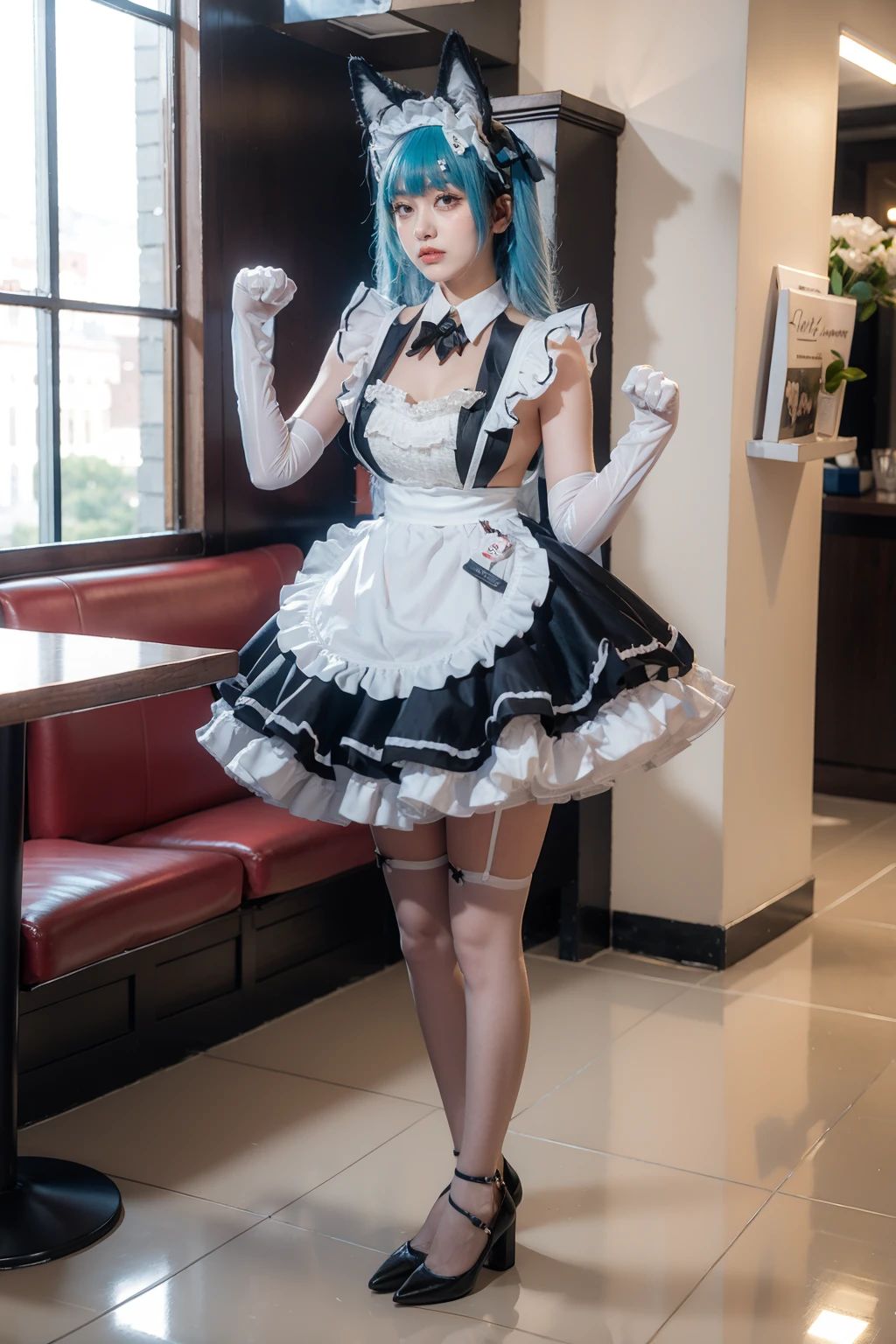 best quality,masterpiece,restaurant,1girl,solo,standing,full body,hands up,paw pose,blush,eyeliner,eyeshadow,eyelashes,blunt bangs,short bangs,gigantic breasts,saggy breasts,<lora:lemon0015-NIKKE Privaty Unkind Maid_v1:0.9>,lemon0015,maid,maid apron,frilled dress,frills,clothing cutout,elbow gloves,bell,fake animal ears,blue hair,high heels,