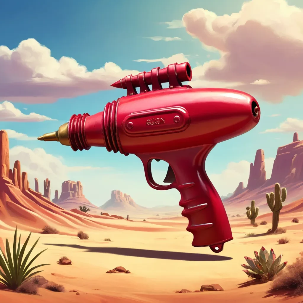 a Vintage Toy Raygun, desert landscape background <lora:Vintage_Toy_Raygun:1>, Fantasy concept art style, digital painting, imaginative, dynamic composition, professional-grade execution, creates immersive world and landscape, brush strokes, epic, magical