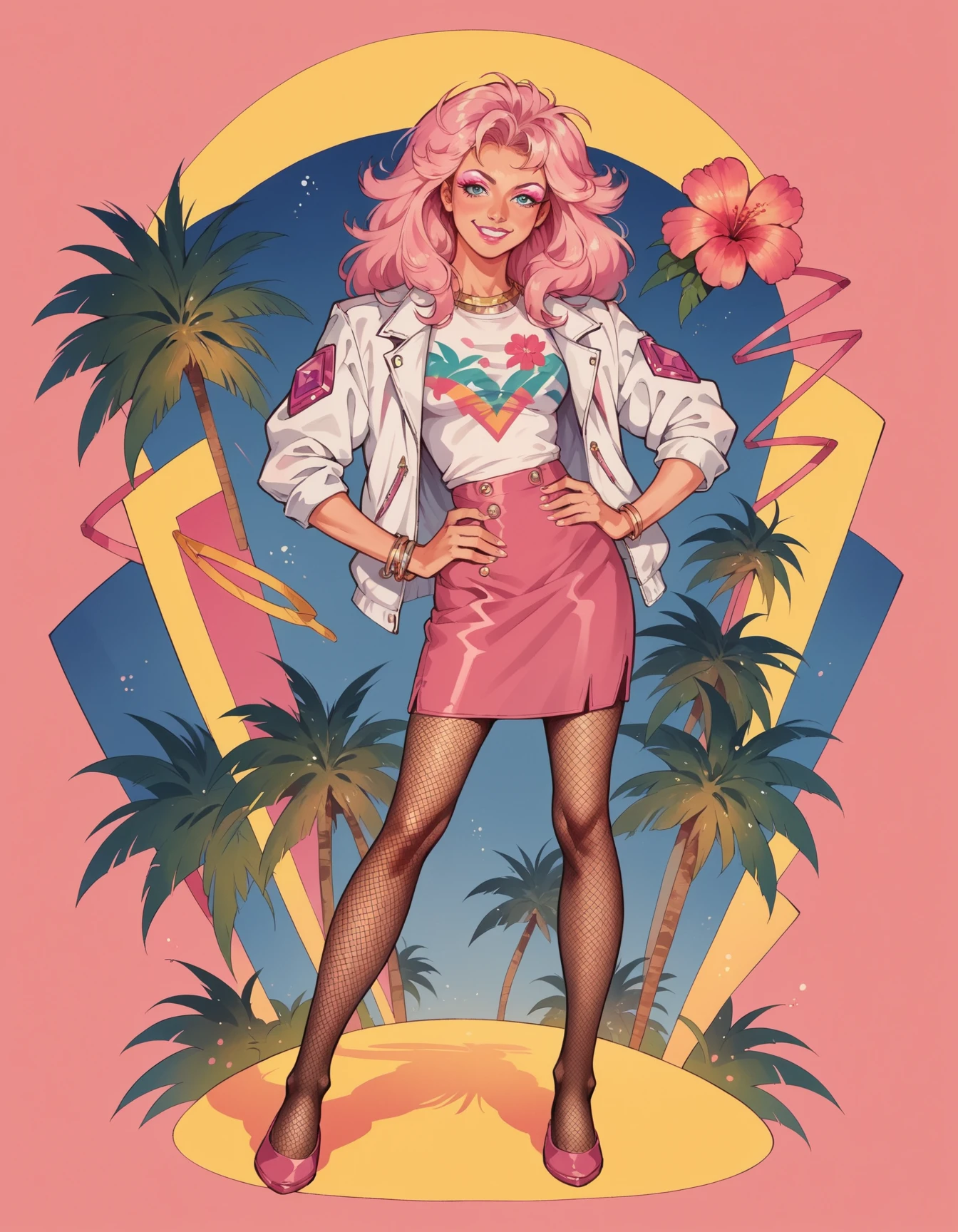 score_9, score_8_up, score_7_up, score_6_up, score_5_up, score_4_up,  hud_jem_boxart, colorful retro artstyle, colorful background, palm trees, 1girl, long hair, jacket, flower, shirt, skirt, pink eyeshadow, lipstick, <lora:Jem_80s_Cartoonbox_art:0.7>, medium breasts, hand on hip, jewelry, pantyhose, fishnets, full body, blue eyes, smile