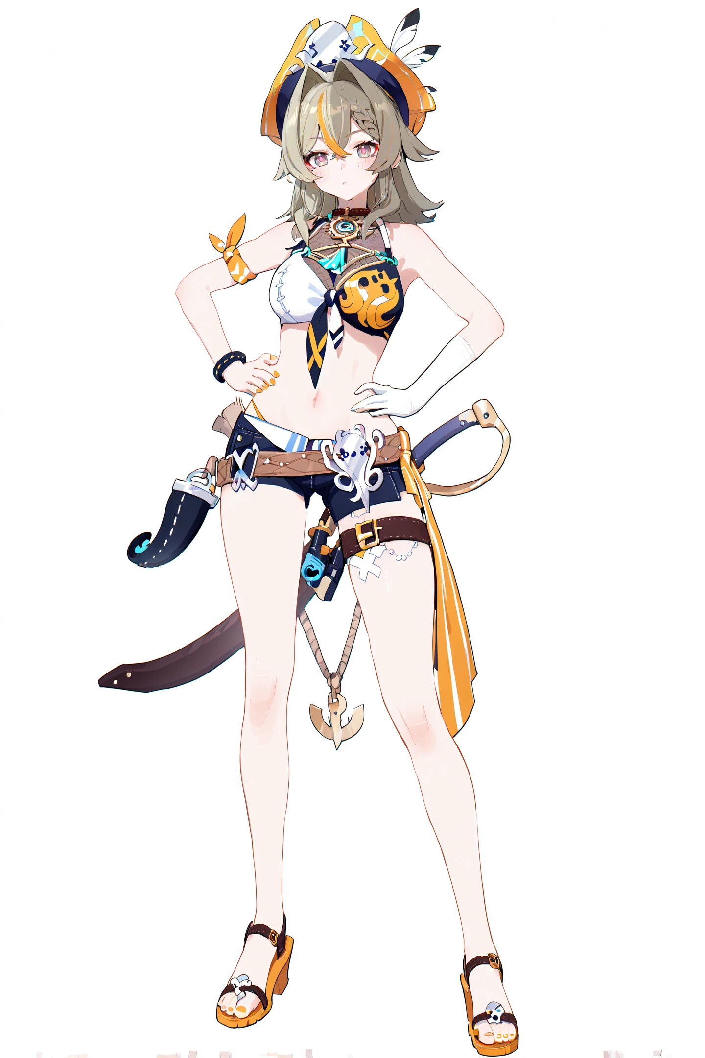 tsundere elf full body toe to head, long hair, blonde hair (green eyes:1.1) pointy ears, elf, multicolored hair, forehead jewel, yellow tiger bikini, standing symmetrical, plain background