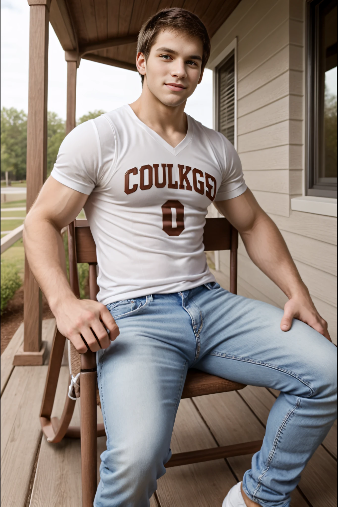 <lora:MaleModel_01:1> handsome, beautiful brown eyes, cute guy, young man, sitting on a rocking chair on porch wearing a college jersey and skinny jeans