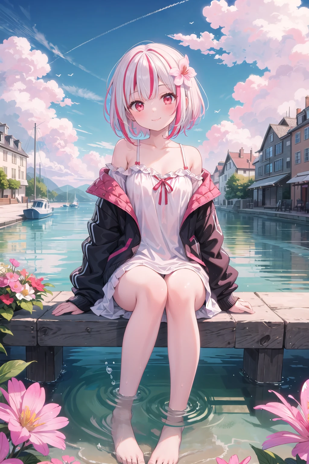 (masterpiece), 1girl, solo, sitting, flower, outdoors, pink hair, red eyes, looking at viewer, smile, water, day, scenery, bangs, long sleeves, sky, short hair, building, jacket, cloud, pink flower, streaked hair, puffy long sleeves, white hair, soaking feet, off shoulder, bare shoulders