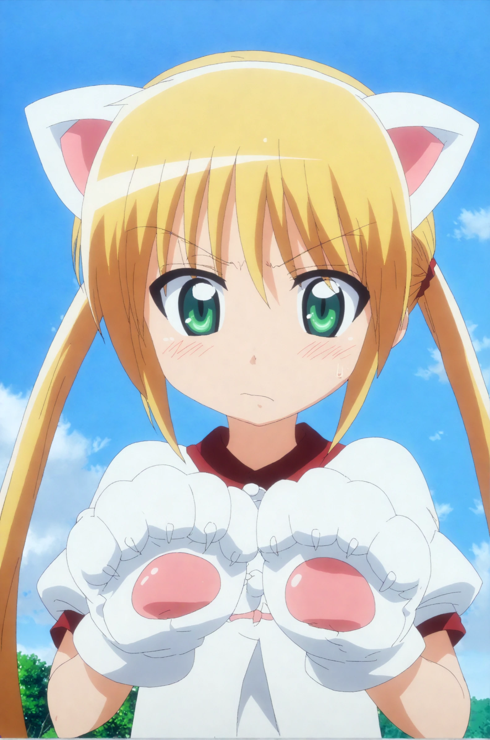 rating_safe, forced perspective, three-point perspective,  nagi sanzenin, catgirl, fake animal ears, cat paws, cat gloves, upper body