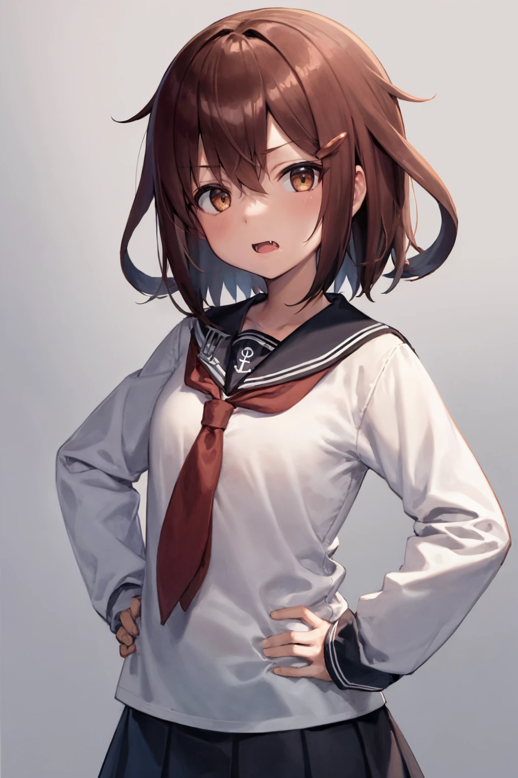 masterpiece, best quality,
1girl, ikazuchi \(kancolle\), brown hair, short hair, brown eyes, hairclip, fang,
anchor symbol, black sailor collar, long sleeves, neckerchief, school uniform, serafuku, pleated skirt,  black skirt,
hands on hips, upper body, solo, looking at viewer, simple background, solid grey background    <lora:Ikazuchi:1>