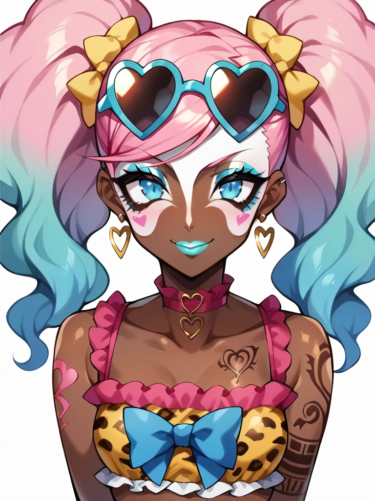 Score_9, score_8_up, score_7_up, score_6_up, gyaru, source_anime, 1girl, solo, half-closed eyes, white background, abstract rectangular background, upper body, looking at viewer, BREAK,, Ann Takamaki, Persona, (big voluminous hair), (bow, gradient hair, hair ornament, voluminous wavy hair, makeup, multicolored pink hair, ribbon, beehive hairstyle, twintails, afro:1.3), hoop earrings, BREAK, cyan lips, smirk, very dark skin, dark-skinned female. (yamanba, white facepaint makeup:1.3), eyeshadow, (colorful ornament, frilled crop top:1.3), midriff, choker, hair ornament, <lora:ManbaXL3.2:1> (tattoos, piercings, heart sunglasses on head), (arms behind back, jewelry) BREAK, (leopard print, oiled shiny skin, big colorful tattoos),
