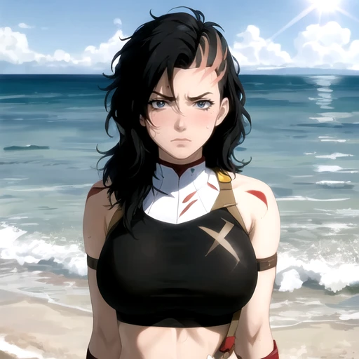 Highest Quality, Highest Resolution, perfect background, perfect perspective, sharp image, perfect details, perfect lighting, perfect shadows, Perfect lighting, Best background, best anime, 1girl, the gladiatrix, black hair, hair pulled to side, multicolored hair, scar across eye, scars on face, swim suit, curvacious, huge breasts, at beach, sand, palm tree, sky, sun, water, bikini, frowning, blush, sweat,