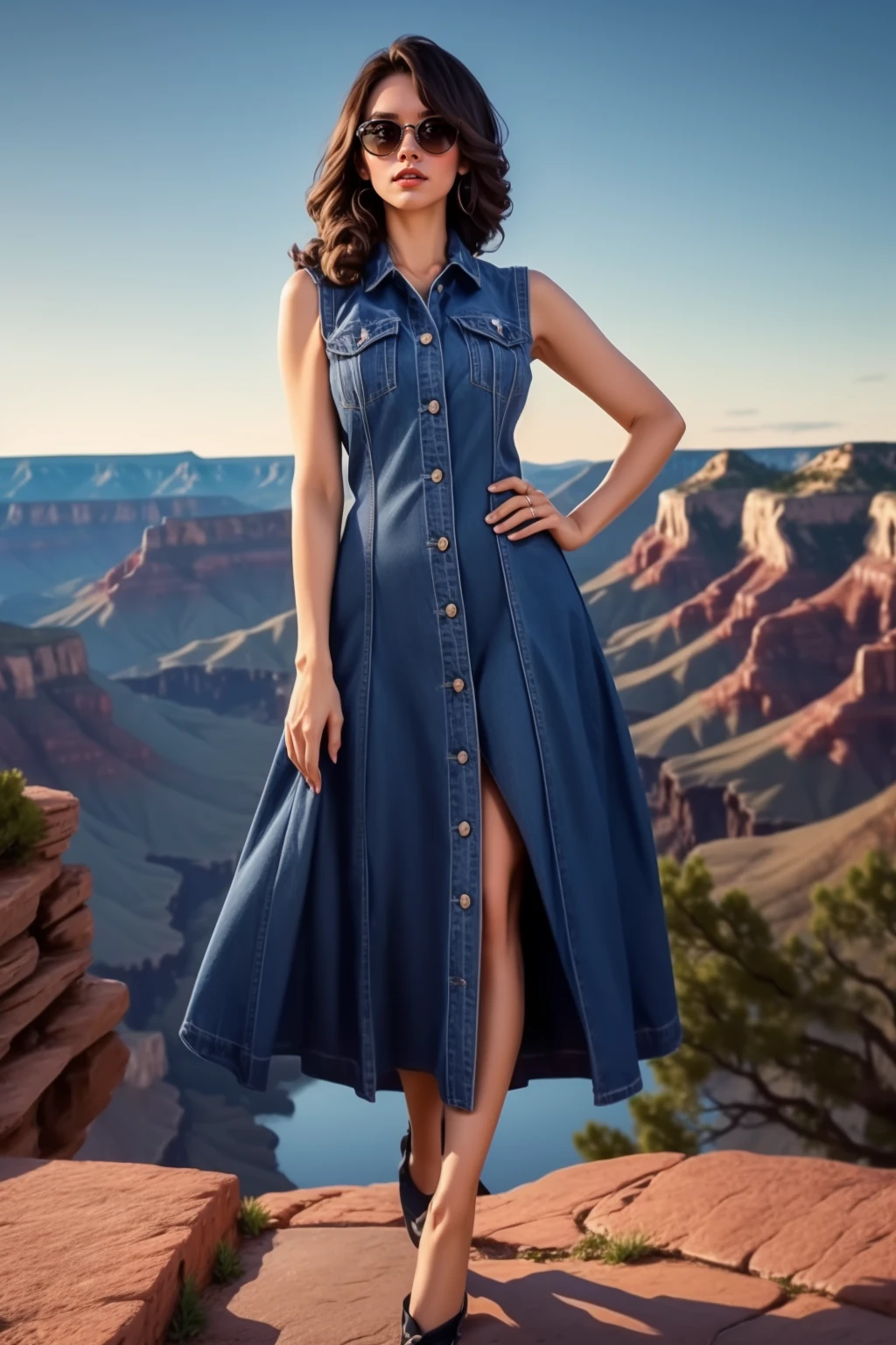 beautiful adult woman, solo, black denim dress, sleeveless, standing, high quality, high detail, best quality, 4k resolution, <lora:DSD-44:0.7>,Grand Canyon, USA, Overlook, Dusk open skirt, sunglasses, walking, hands on hip,