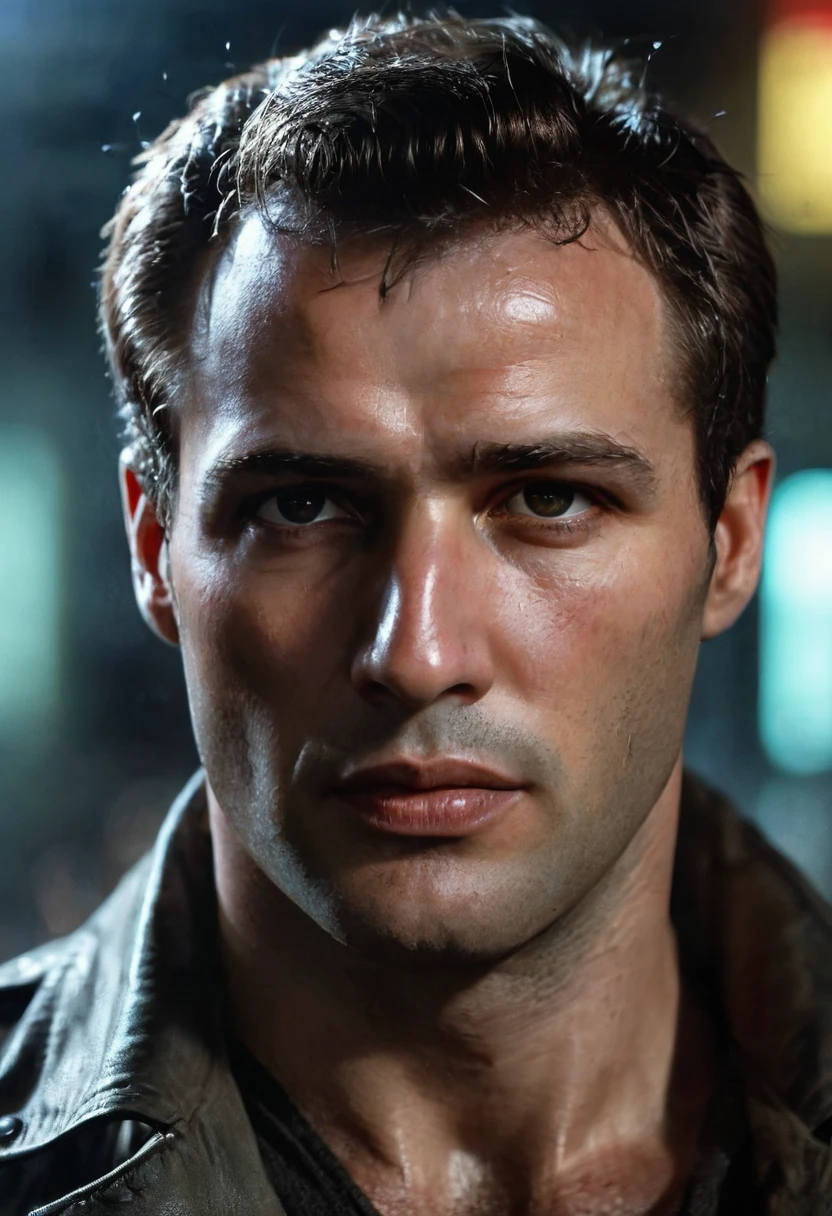 Hyperrealistic art photo of a man, in blade runner, daylight, professional photography, high resolution, detailed photo, RAW, still film, f/16, uhd, hdr, 4k, looking at viewer, m4r10n,  <lora:Marlon_Brando:.6> . Extremely high-resolution details, photographic, realism pushed to extreme, fine texture, incredibly lifelike