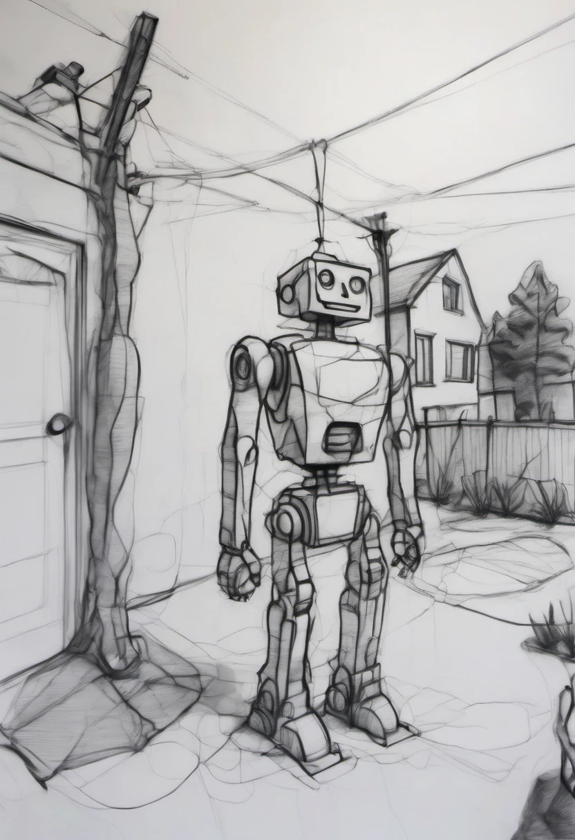 pencil contour drawing of a robot hanging laundry on the line in a suburban back yard