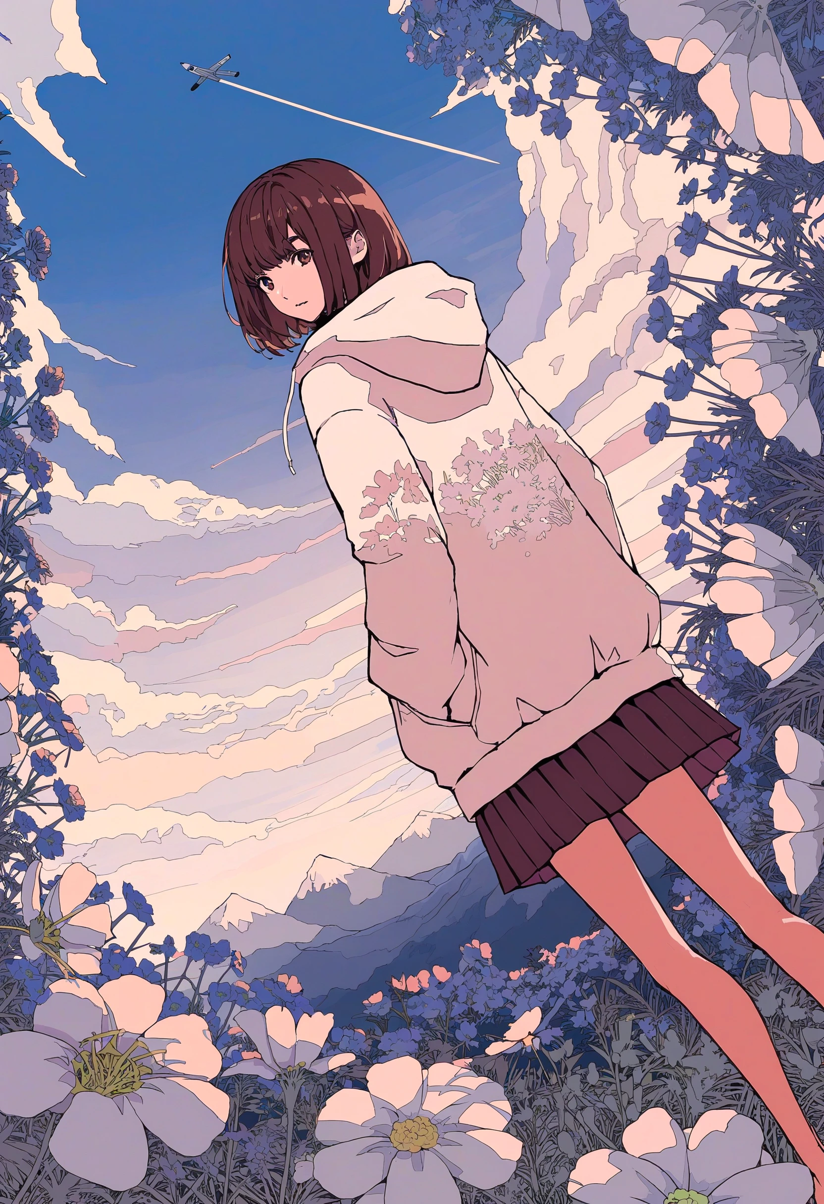 score_9,source_anime,<lora:Seraphitalg_XL:1>,dynamic_angle,from behind,1girl,solo,flower,outdoors,hood,skirt,hood down,brown hair,sky,cloud,mountain,airplane,looking back,hoodie,plant,white hoodie,long sleeves,standing,short hair,pleated skirt,cloudy sky,looking at viewer,bangs,hands in pockets,