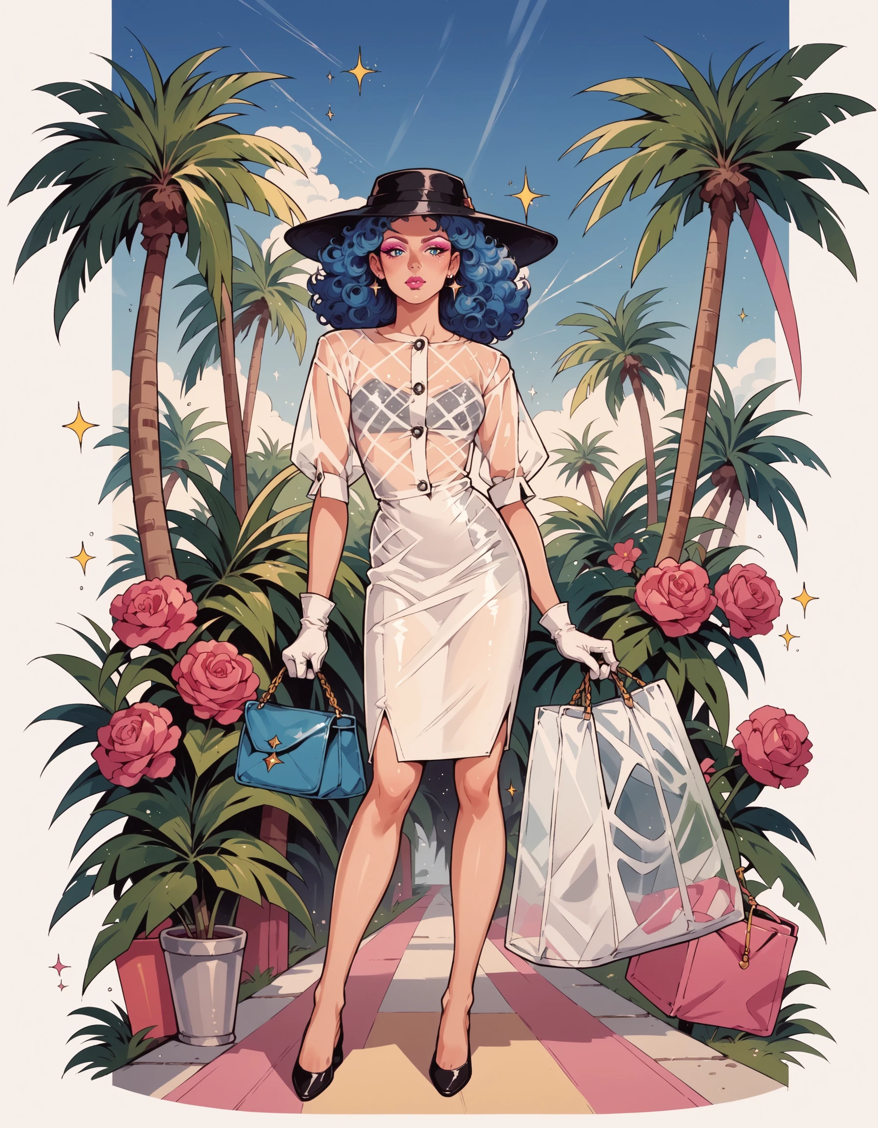 score_9, score_8_up, score_7_up, score_6_up, score_5_up, score_4_up, blue curly hair, hud_big_mistake_dress, (tight white pencil dress), buttons, black hat, white gloves, earrings, handbag, <lora:big_mistake_xlp-000009:0.6>, flower, see-through, sparkle, hud_jem_boxart, colorful retro artstyle, colorful background, makeup, lipstick, palm trees, neon, <lora:Jem_80s_Cartoonbox_art-000009:0.6>, full body, fishnets, pink eyeshadow, blue eyes, bag