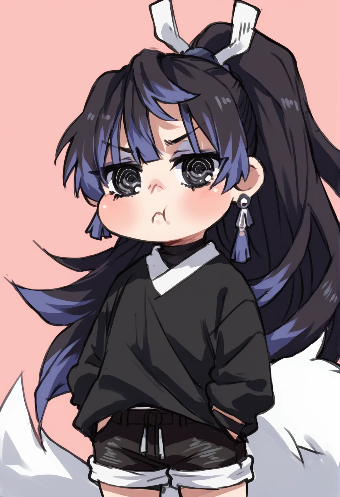 (score_9, score_8_up), score_7_up, zPDXL, FoxDemon, 1girl, black hair, two-tone hair, ponytail, earring, black eyes, small eyes, fox tail, white tail, black shirt, black shorts, pout, puffy cheeks, pink background, young, (chibi), <lora:Fox_Demon_Girl_XL_Pony_SingleShot:1> <lora:nomeoil:1> sketch