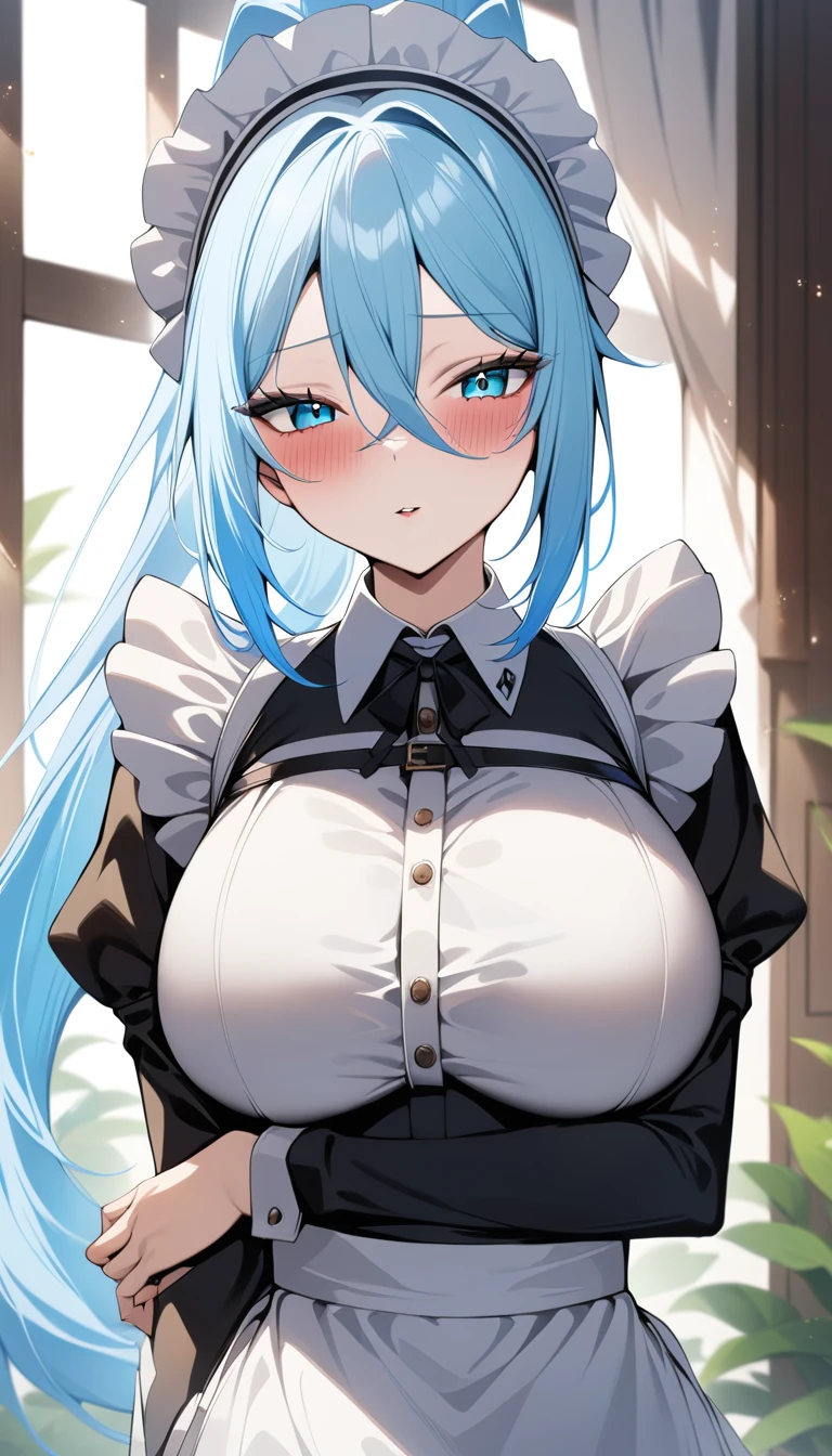 masterpiece, best quality, very aesthetic, absurdres, 1girl, solo, sylpha, long hair, maid headdress, white hair, large breasts, hair between eyes, ponytail, <lora:Sylpha Langlis V1:0.8>