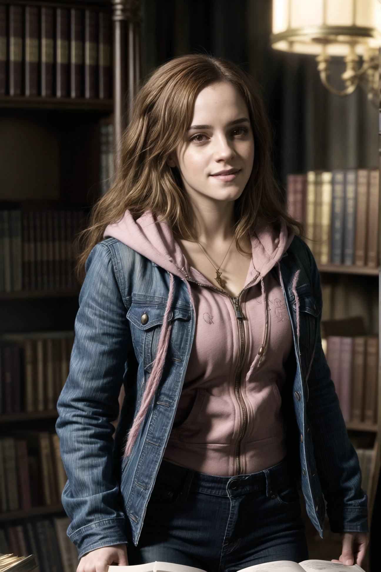 Hermione_Granger, a woman, smile in face, a woman in a jeans jacket and pink zip hoodie and jeans pant, long flowing hair, happy, golden hair, curley, pretty, in library, books, detailed, hdr, epic background, line art, digital illustration, comic style, dynamic, highly detailed, artstation, concept art, smooth, sharp focus, illustration, Thomas Moran style, art by Carne Griffiths and Wadim Kashin, detailed background, 60-30-10 color rule, warm tones, godrays, unreal engine, greg rutkowski, loish, rhads, beeple, makoto shinkai and lois van baarle, ilya kuvshinov, rossdraws, tom bagshaw, alphonse mucha, global illumination, detailed and intricate environment <lora:more_details:1> <lyco:GoodHands-beta2:1.0> <lora:Hermione Granger:0.6>