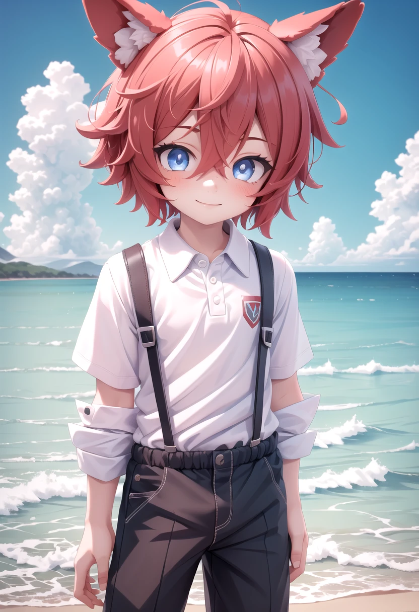 <lora:Aki SD15_epoch_17:0.6>, (1boy:1.3), solo, beach, smile, ( crimson animal ears:1.4), male face, male body, more details in eyes, (very short hair:1.2), hair between eyes, cute, adorable boy, cute face, detailed face, handsome, young, juvenile, white skin, eyeshadow, crew cut, crimson hair, details sky, looking at viewer, blush, blue eyes, full shot, red suspenders, (pants), (white polo shirt), aki,petite, (male focus:1.3),(male:1.2), 
(masterpiece:1.2), best quality, high resolution, unity 8k wallpaper, (illustration:0.8), (beautiful detailed eyes:1.6), extremely detailed face, perfect lighting, extremely detailed CG, (perfect anatomy),