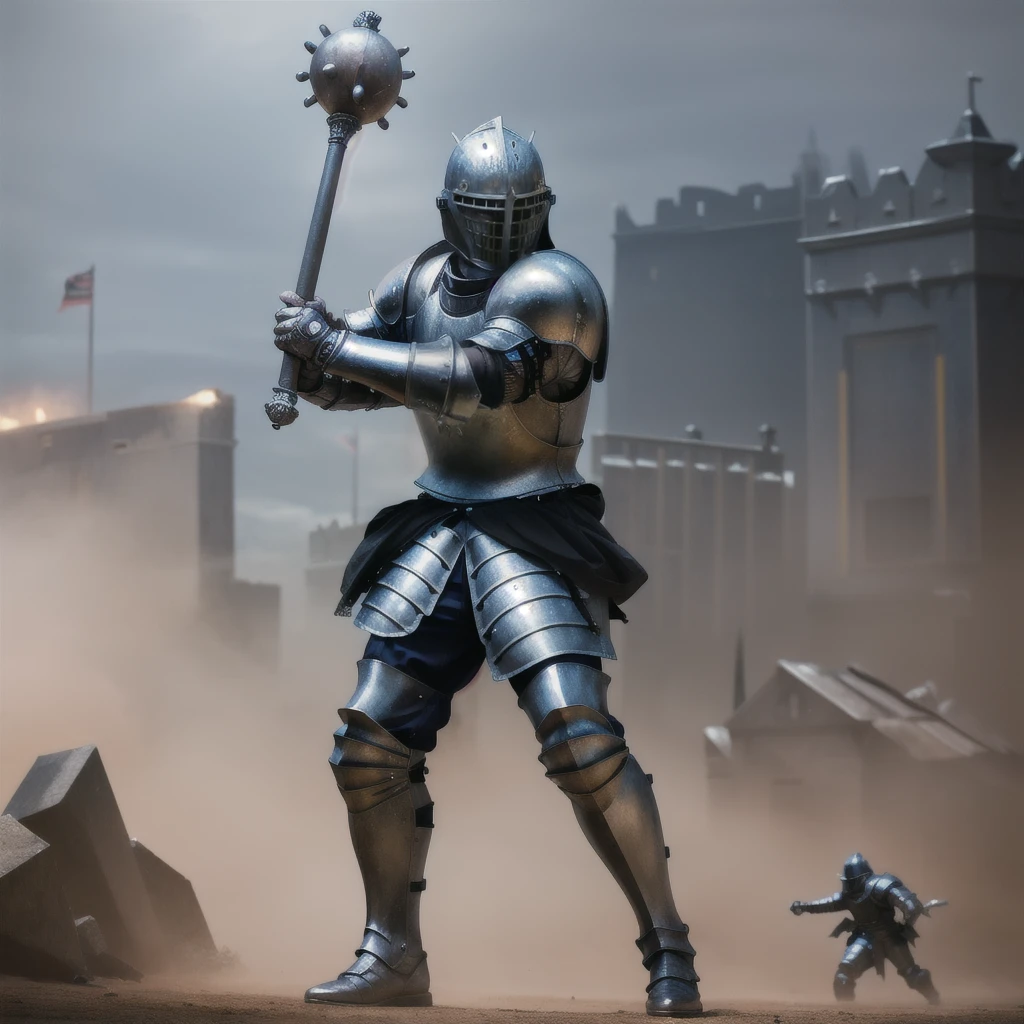 high quality, detailed, full body, metal plate armor, faulds, bladed mace  <lora:maceweap:1>, <lora:GoodHands-vanilla:0.8>, a knight holding a bladed mace, in battle, in a battlefield, fighting