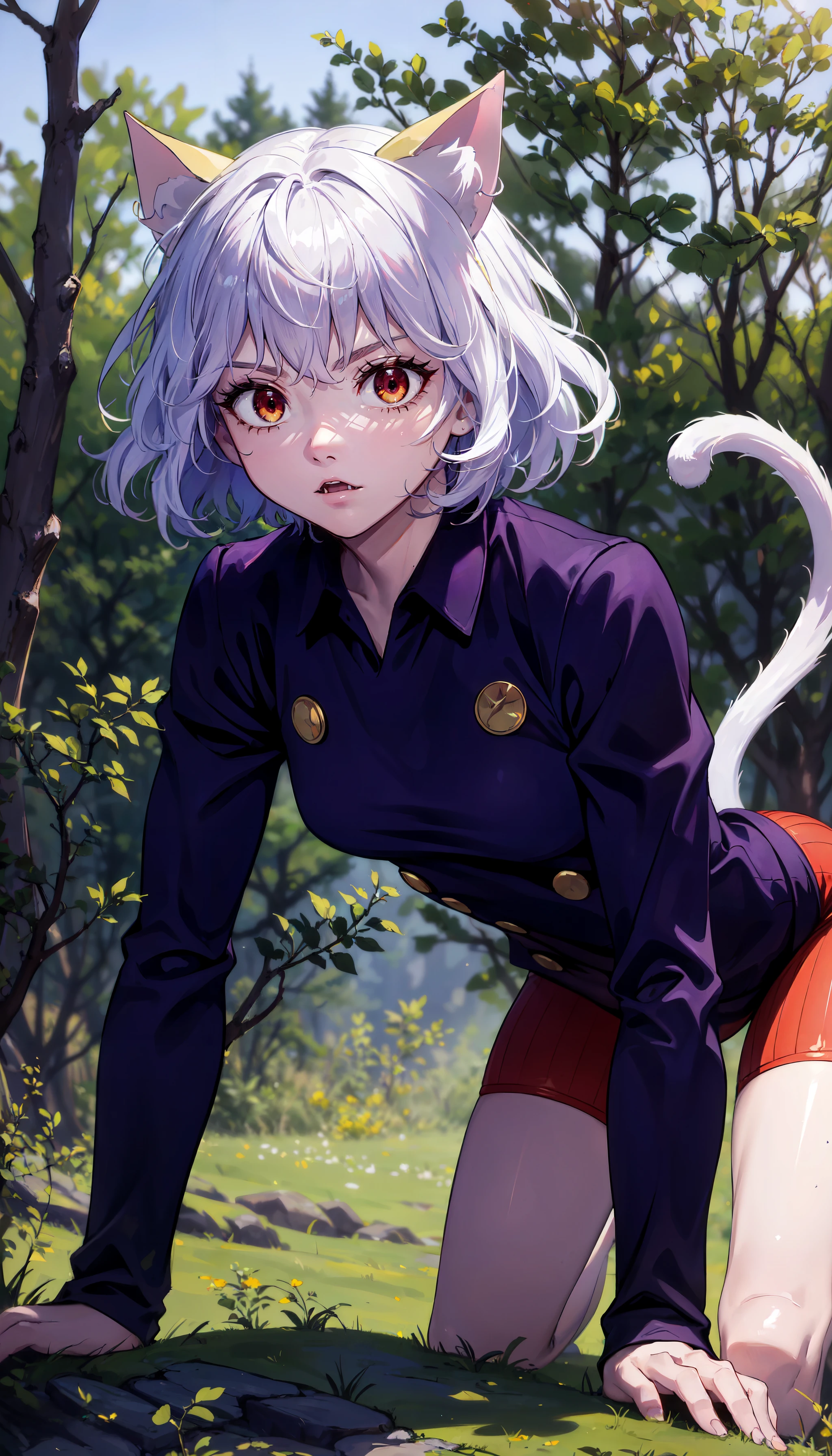 photorealistic, (4k), depth of field, (Masterpiece), (realistic skin texture), extremely detailed, intricate, hyper detailed, professional photography, bokeh, high resolution, sharp detail, best quality, girl, cat ears, short hair, white hair, hair between eyes, curly hair, red eyes, cat tail, blue shirt, long sleeves, striped shorts, red shorts, <lora:GoodHands-vanilla:0.6>, <lora:detail_slider_v4:0.8> , dynamic pose, all fours, <lora:Neferpitou:0.8>, forest, tall grass, nature, outdoors, light rays, leaves on foreground, fierce expression,