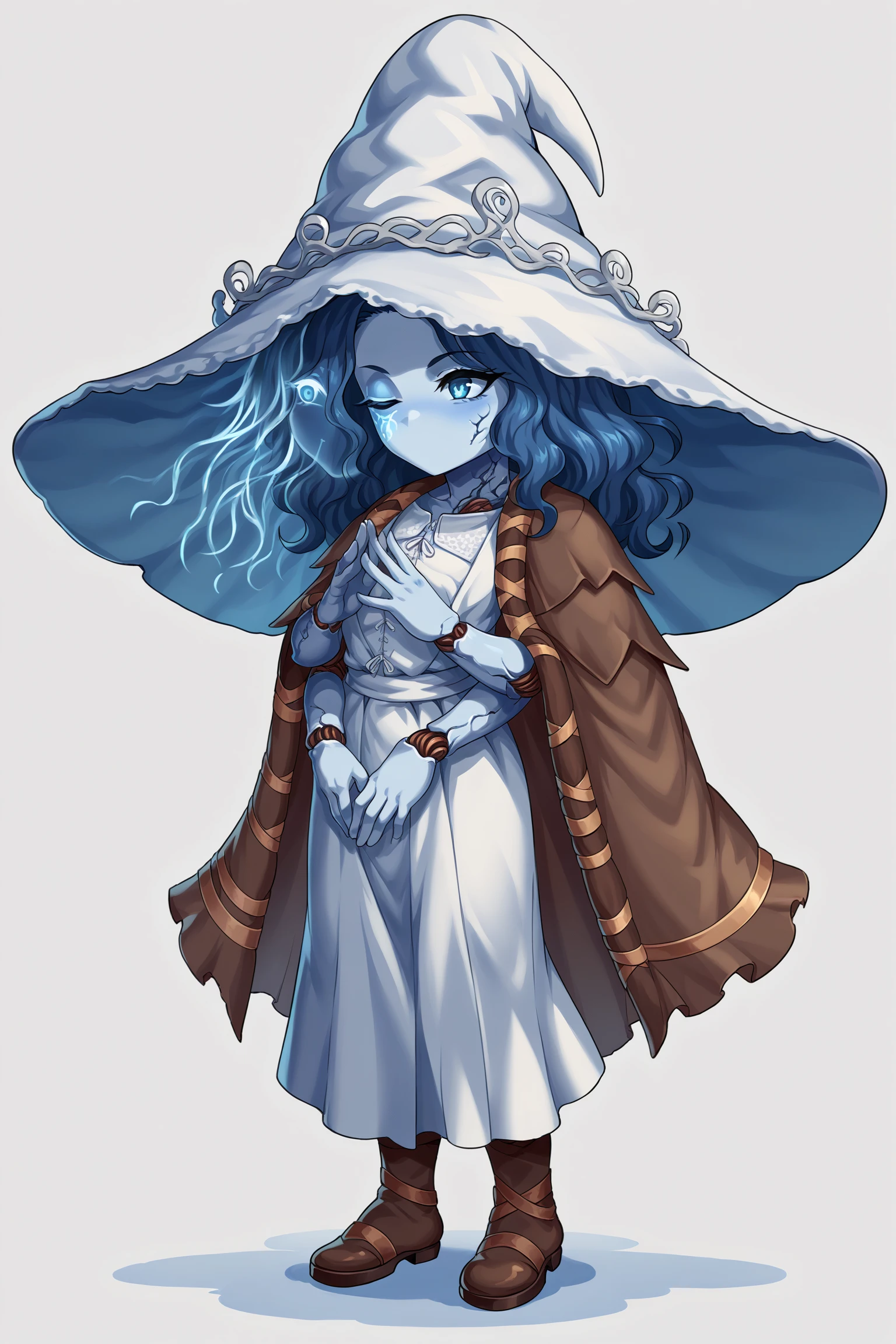 score_9, score_8_up, score_7_up, , rating_explicit,nsfw,1girl ,IncrsXLRanni, wavy hair, cracked skin, blue skin, colored skin, extra arms, extra faces, doll joints,  source_anime, white dress, witch hat, brown cloak, <lora:Ranni_XLPD_CAME:1>,  <lora:BraveFrontierPDCAME PixelArt:1>, pixel art, 2d, full portrait, simple background, white background, chibi, no mouth