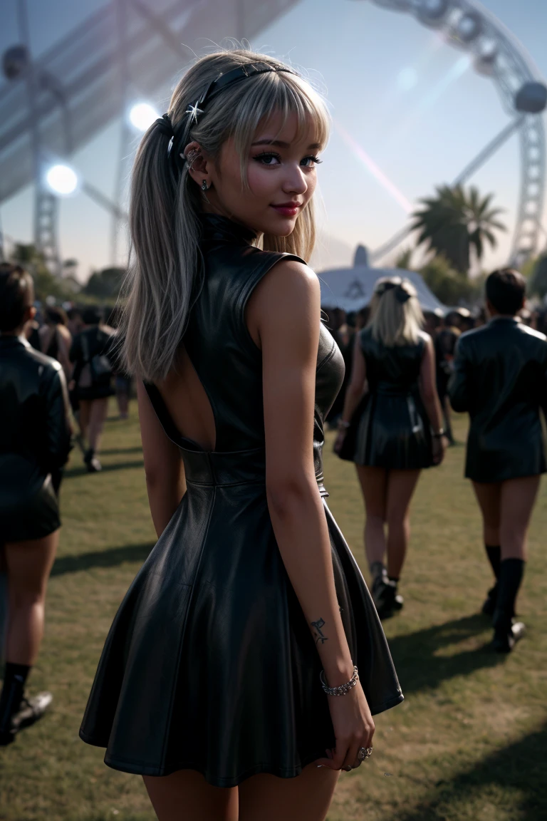 (Cinematic Shot:1.3) DV_S3_Snuggles_Vicious (Skinny, Slim, Slender, Long Legs, Abs, Perky Breasts:1.4)(Eyeliner, lipstick:1.3) ((Photo Focus, DOF, Aperture, insanely detailed and intricate, character, hypermaximalist, hyper realistic, super detailed, (lens flare))) <lora:exposure_control_v10:-0.2> <lora:more_details:0.3> (at Coachella Festival:1.3) (Wearing a Leather Dress and lower hair band:1.3) (smile:1.3) <lora:exposure_control_v10:-0.12> <lora:more_details:0.2> <lora:Gothpunkgirl-000009:1> goth (from behind:1.4)