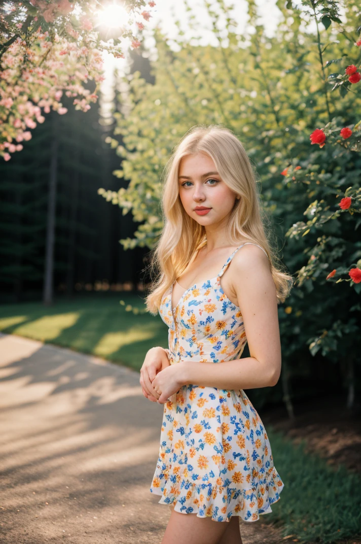 RAW Photo, tv_Darina_ES, , calm expression, wearing a colorful sundress, sitting on a log at a misty forest pond, golden hour, shot from the side,,