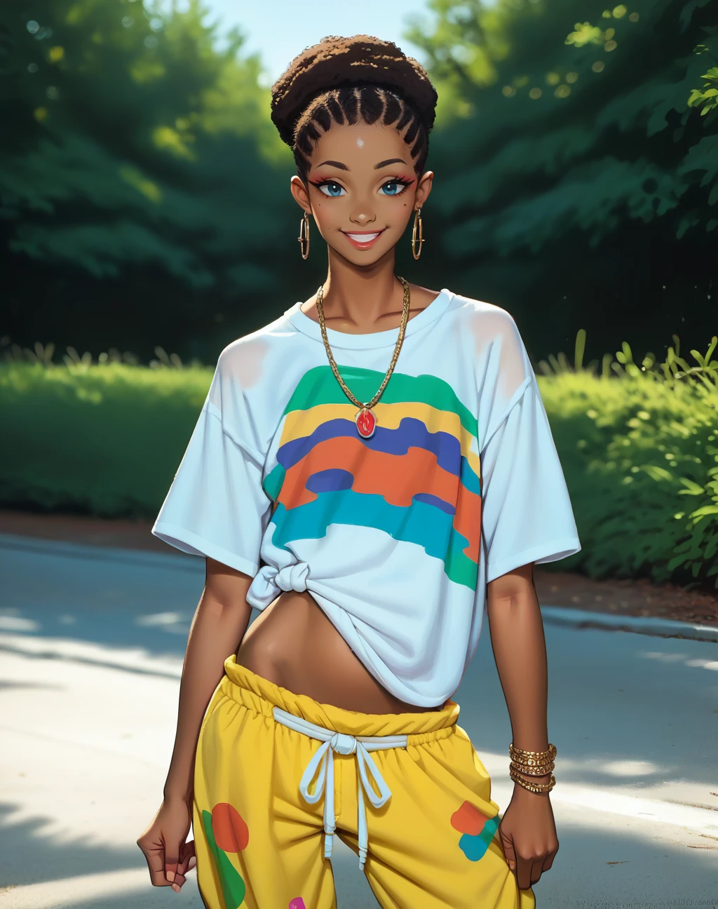 score_9, score_8_up, score_7_up, score_6_up, score_5_up, score_4_up, BREAK ,cowboy shot,1girl,solo,smile,dark skinned female,digital painting,source_anime,rating explicit,
edg90hh, a woman in a oversize shirt,jewelry,thigh gap,baggy pants ,wearing edg90hh_clothing
 <lora:edg90sHIPHOPPony:0.85>