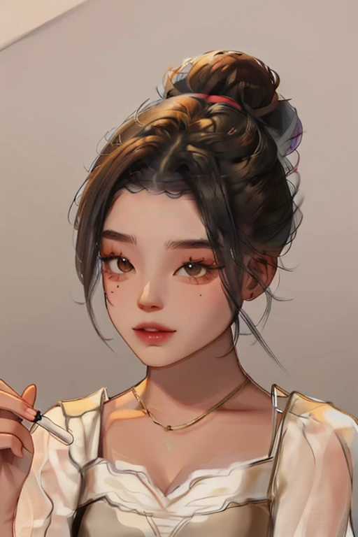 <lora:KouhoshiStyle-06:1>, 1girl, brown hair, single hair bun, brown eyes, necklace, curler, brush