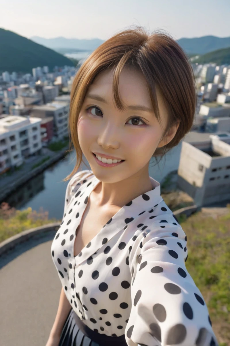 UHD, 4k, ultra detailed, cinematic, a photograph of (masterpiece,best quality,ultra high res:1.2),(photo-realistic:1.3),nature_light,
1girl,head and shoulders portrait,
<lora:cmxg_XL:1>,caimeixunguo,
xaggerated perspective,wide angle POV shot,Give a V victory sign,foreshortening,on the Hokkaido city,(Polka_dot_blouse:1.5),(Pleated_midi_skirt:1.4),(Pointed-toe_pumps:1.3),, epic, beautiful lighting, inpsiring