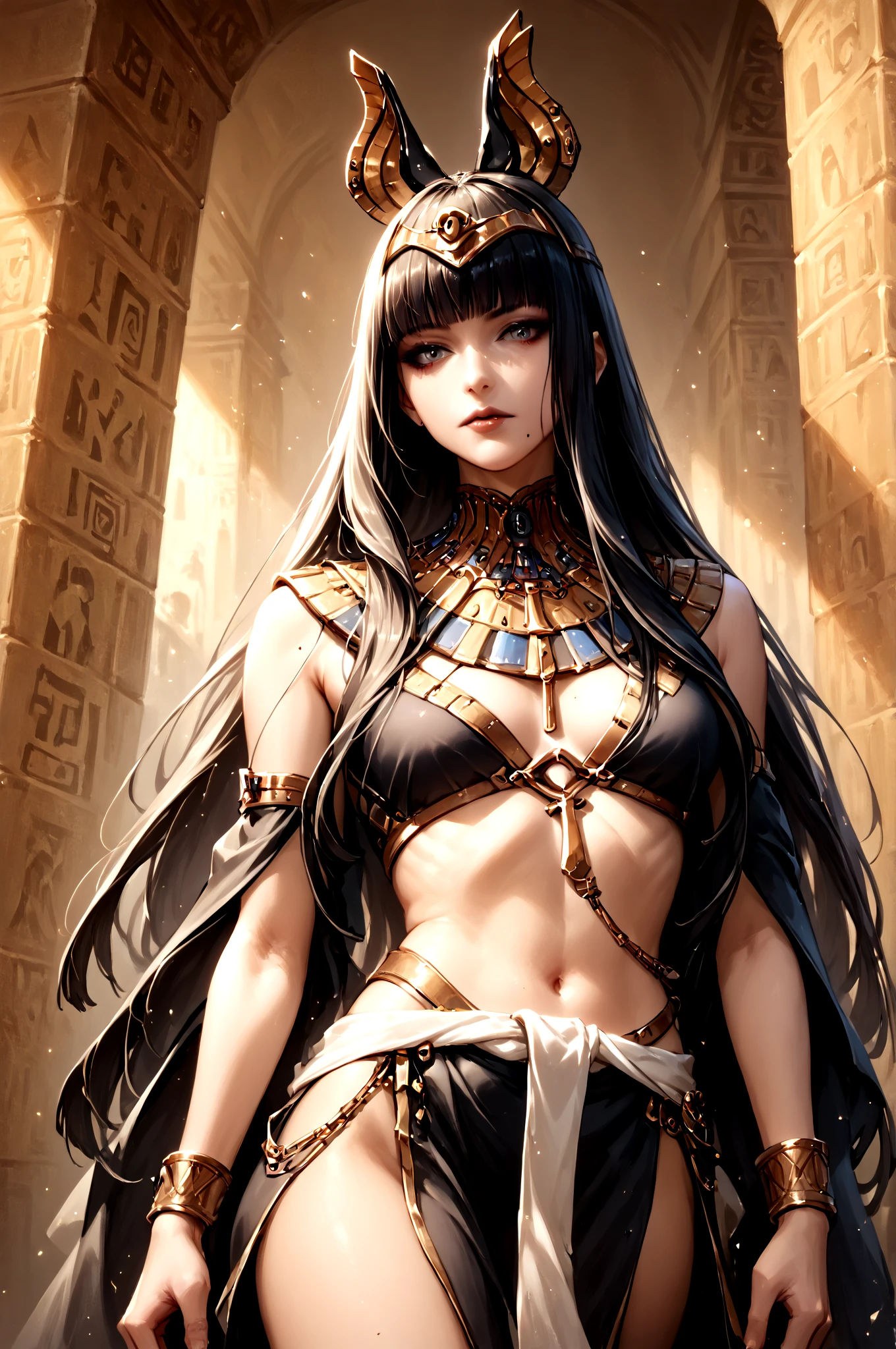 score_9,score_8_up,score_7_up, 1girl, yotsuyu_ff14, long hair, black_hair, (mole_under_mouth:0.8), straight_hair, hime_cut, cowboy_shot, <lora:YotsuyuFF14-Pony_V1:0.8> <lora:Ancient_Egyptian_Clothes_Pony:0.8> ancient egyptian clothes, (high quality, detailed, beautiful),