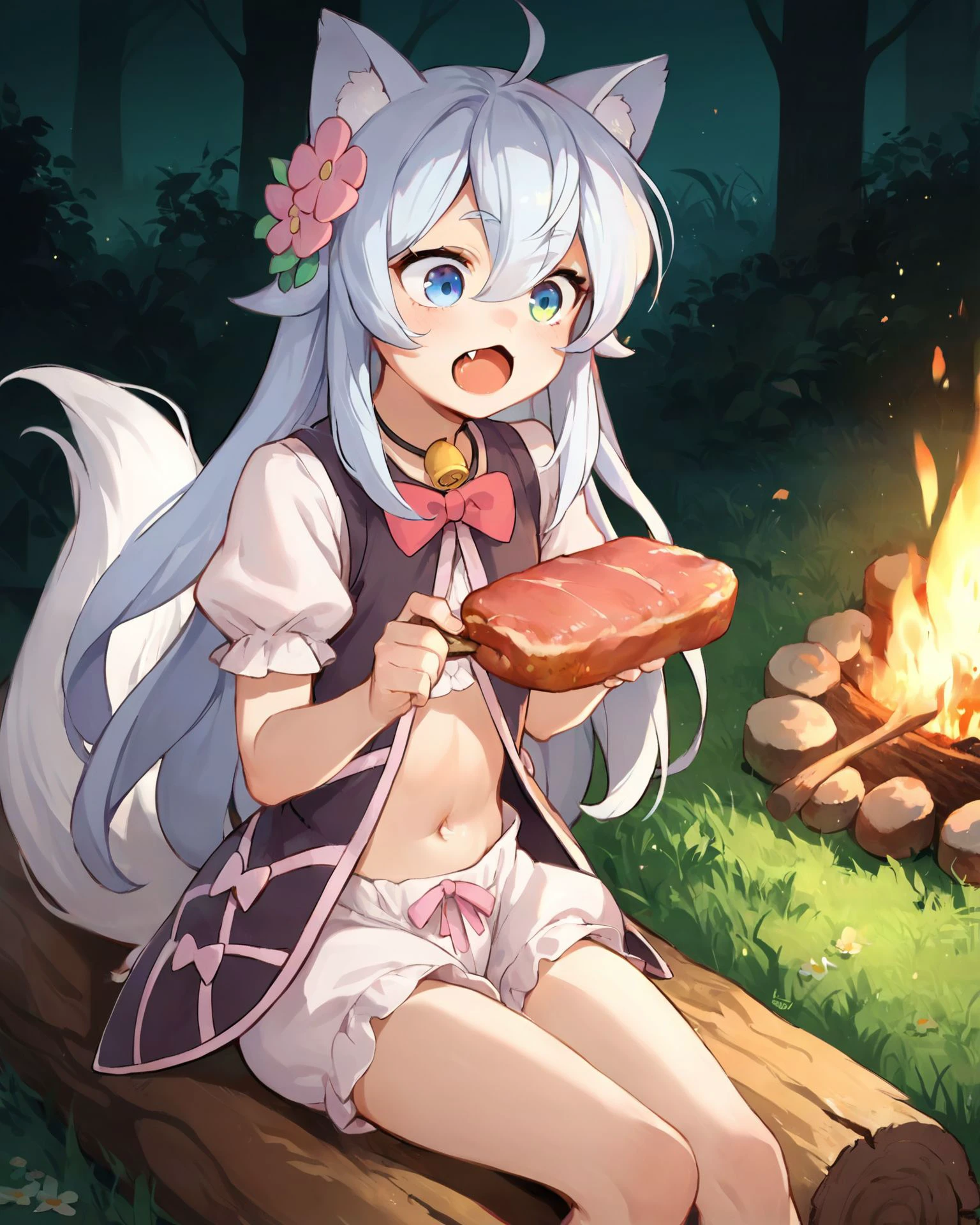 source_anime, <lora:Noela:0.8> noela, 1girl,
holding meat, boned meat, open mouth, salivating, close-up, fang, long hair, white hair, hair flower, hair ornament, wolf ears, tail, puffy sleeves, white bloomers, navel,
outdoors, at night, sitting on log, at campfire, dark environment, lit by campfire,, score_9, score_8_up, score_7_up, score_6_up, score_5_up, score_4_up, ponypositive,