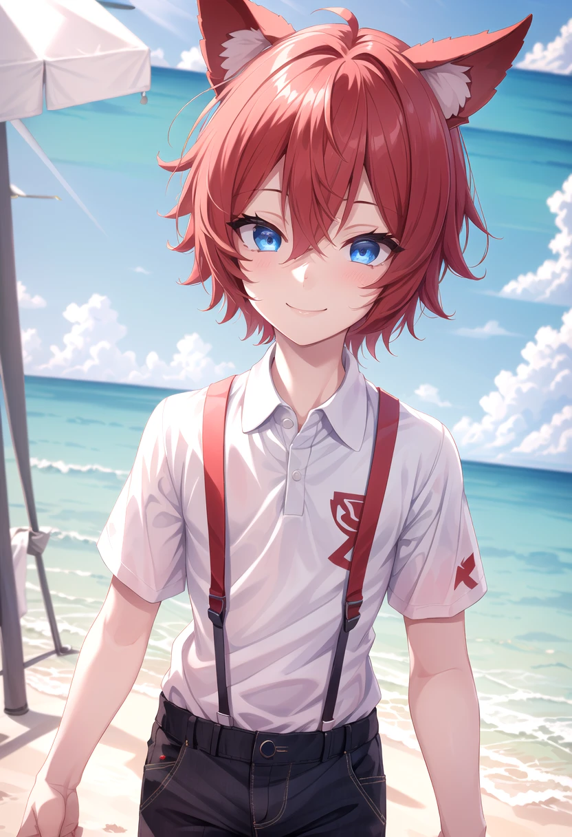 <lora:Aki SD15_epoch_17:0.6>, (1boy:1.3), (solo:1.2), beach, smile, ( crimson animal ears:1.4), male face, male body, more details in eyes, (very short hair:1.2), hair between eyes, cute, adorable boy, cute face, detailed face, handsome, young, juvenile, white skin, eyeshadow, crew cut, crimson hair, details sky, looking at viewer, blush, blue eyes, full shot, red suspenders, (pants), (white polo shirt), aki,petite, (male focus:1.3),(male:1.2), 
(masterpiece:1.2), best quality, high resolution, unity 8k wallpaper, (illustration:0.8), (beautiful detailed eyes:1.6), extremely detailed face, perfect lighting, extremely detailed CG, (perfect anatomy),