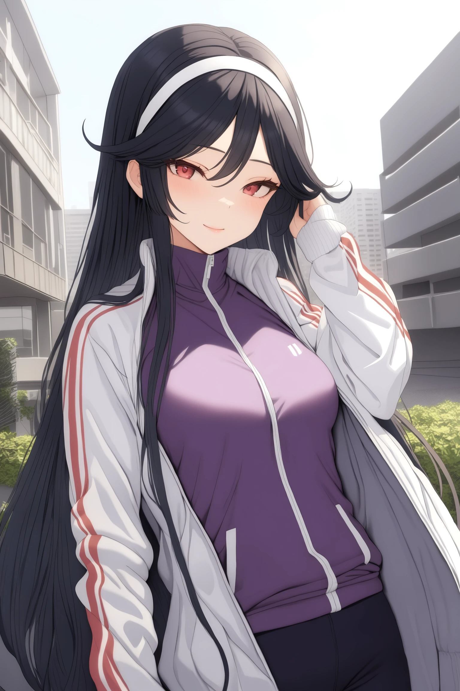 (masterpiece, best quality, very aesthetic, ultra detailed), intricate details, kunishiromiyabi, solo, outdoors, city, black hair, white hairband, very long hair, red eyes, medium breasts, white jacket, track jacket, open jacket, purple shirt, long sleeves, black pants, smile, closed mouth, :), pink lips, <lora:Kunishiro-Miyabi:0.7>