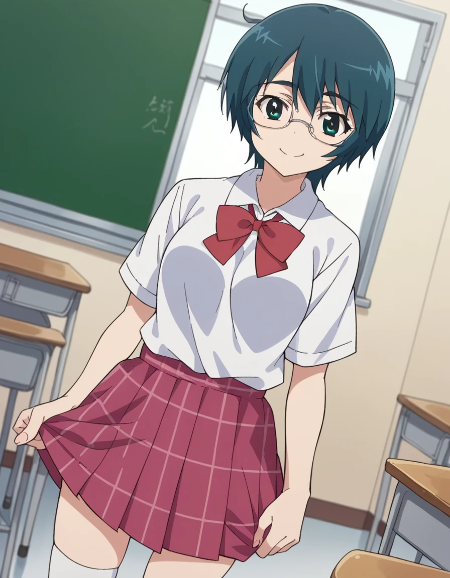 score_9, score_8_up, score_7_up, source_anime,
miharumikuni, <lora:miharu-mikuni-ova-ponyxl-lora-nochekaiser:1>,
miharu mikuni, short hair, green eyes, glasses, blue hair,
skirt, shirt, school uniform, white shirt, socks, plaid, kneehighs, plaid skirt,
indoors, classroom, smile,
looking at viewer, dutch angle, cowboy shot,