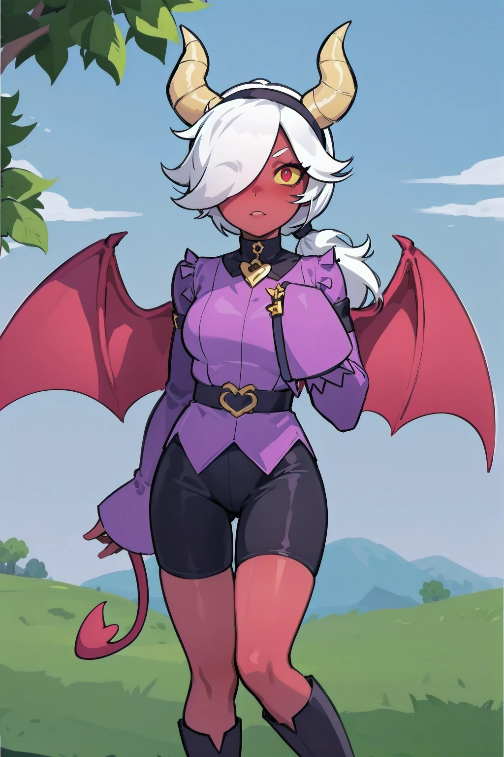 (masterpiece, best quality), trixie colette, 1girl, solo, demon girl, colored skin, red skin, red eyes, colored sclera, yellow sclera, short hair, ponytail, white hair, hair over one eye, demon tail, demon horns, demon wings,
hairband, choker, shirt, spikes, long sleeves, sleeves past fingers, sleeves past wrists, shorts, boots, knee boots, <lora:Trixie_Colette__Brawl_Stars_V1.0:0.6>, outdoors